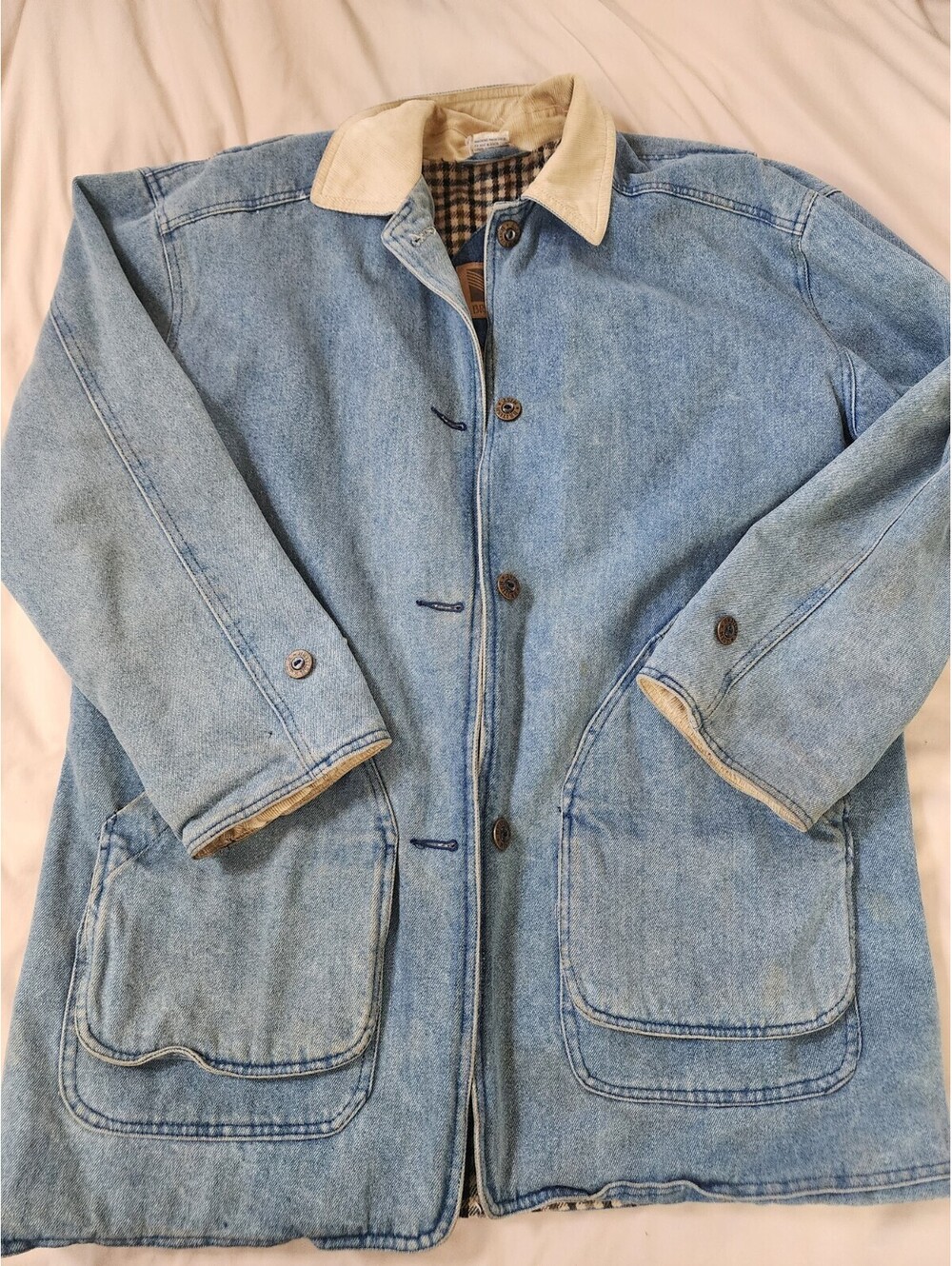 Vtg British Mist Denim Chore Jacket Size Large Womens/unisex Corduroy Collar